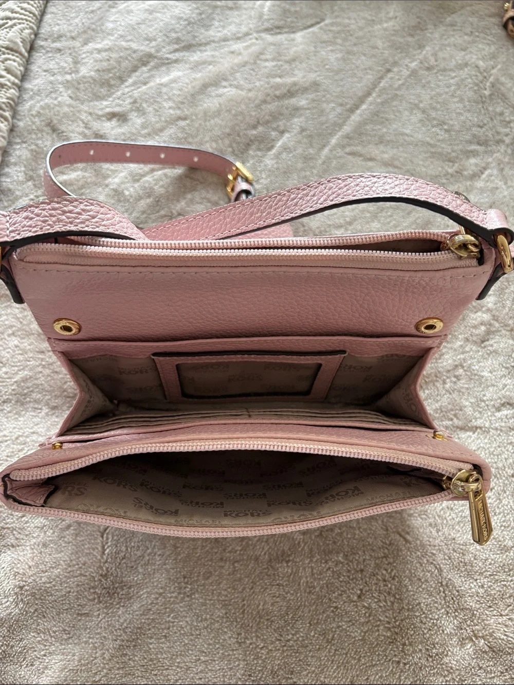 Michael Kors Blush Pebbled Leather Crossbody with Gold MK Emblem